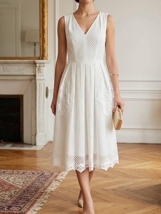 Eliza J Dresses & Skirts - Eliza J Women’s Cream Eyelet V-Neck Midi Dress Size 12